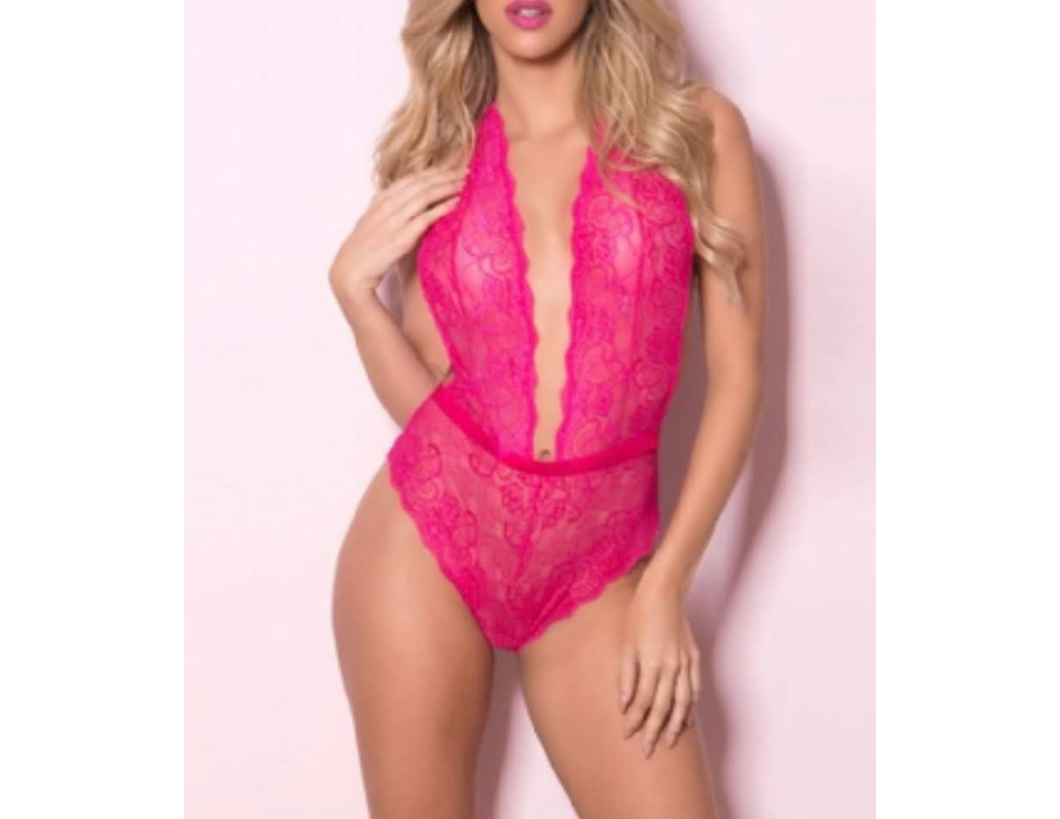 Pink Deep V Exquisite Lace Teddy